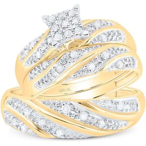 His and Hers Bridal Womens and Mens Engagment and Wedding Band Complete Trio Matching Wedding Rings Set 10K Yellow Gold Round Diamond Square 1/3 Cttw