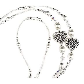 Silver Hearts, Beaded Lanyard for Women, Badge, ID Holder, Keychain, Lanyard for Teacher, Nurse or Office, Teacher Gift, Nurse Gift, 34 inches, White Pearls, Crystal, Handmade
