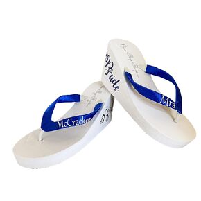 Royal Blue & White High Heel Ivory or White Wedge Marriage Wedding Flip Flops for the Bride Shoes, Custom Handmade