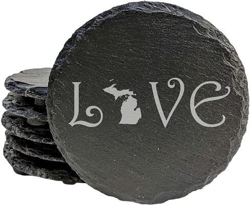 Rustic Slate Coasters Set of 4 - Laser Etched 'LOVE' Design with Michigan State Shape - Perfect Gift for Holidays, Birthdays, Housewarming - 4" Round, Natural Chipped Edge, Made in Oregon, USA in Kuwait