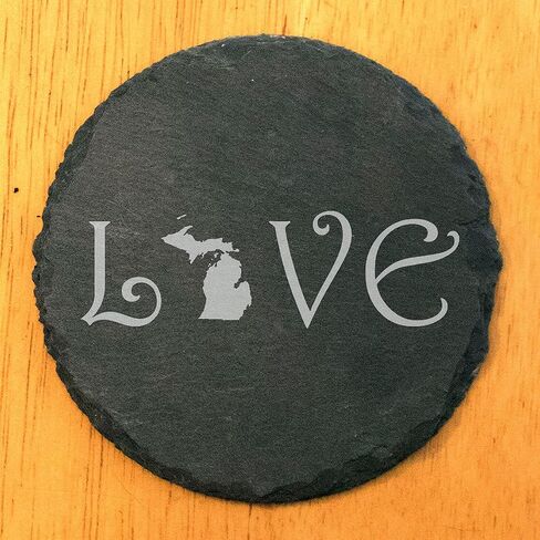 Rustic Slate Coasters Set of 4 - Laser Etched 'LOVE' Design with Michigan State Shape - Perfect Gift for Holidays, Birthdays, Housewarming - 4" Round, Natural Chipped Edge, Made in Oregon, USA in Kuwait
