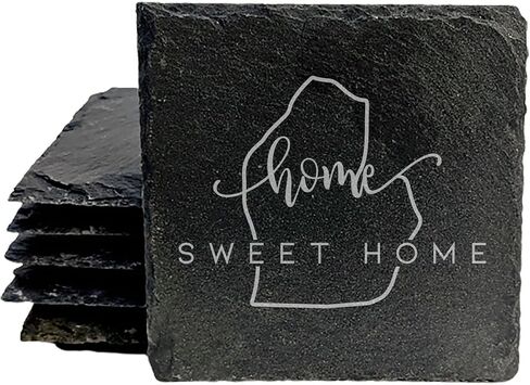 Rustic Slate Coasters Set of 4 - Laser Etched 'LOVE' Design with Michigan State Shape - Perfect Gift for Holidays, Birthdays, Housewarming - 4" Round, Natural Chipped Edge, Made in Oregon, USA in Kuwait