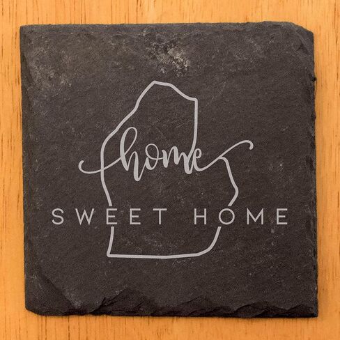 Rustic Slate Coasters Set of 4 - Laser Etched 'LOVE' Design with Michigan State Shape - Perfect Gift for Holidays, Birthdays, Housewarming - 4" Round, Natural Chipped Edge, Made in Oregon, USA in Kuwait