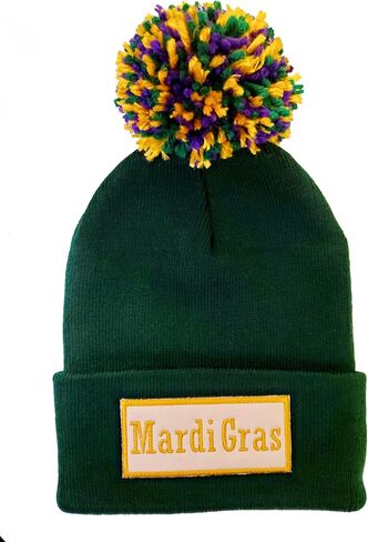 Mardi Gras Beanies for Adults - Knit Beanie Hat with Leather Patch and Multicolor Pom-Pom (One Size Fits Most) (Purple) in Saudi Arabia