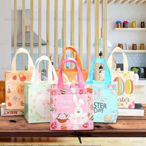 12PCS Happy Easter Egg Hunt Bags Easter Bunny Carrot Chick Egg Gift Bags with Handles, Treat Bags, Multifunctional Non-Woven Goodie Bags for Gifts Wrapping, Egg Hunt Game, Easter Party Supplies , 8.3×7.9×5.9inch in Saudi Arabia