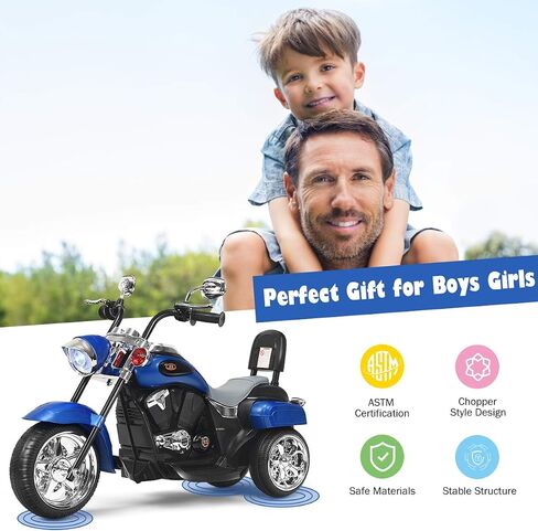 Costzon Kids Motorcycle, 6V Battery Powered Ride on Chopper Motorcycle w/Horn, Headlight, 3-Wheel Stable Ride on Toys, Electric Toddler Motorcycle for Kids, Gift for Boys Girls (Blue) in Saudi Arabia