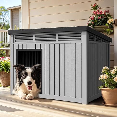 YITAHOME Plastic Dog House, Indoor & Outdoor Dog Kennel with Lift-Up Sloping Roof, Waterproof & Ventilated for Small to Medium Dogs, Easy to Clean Design, Black in Saudi Arabia