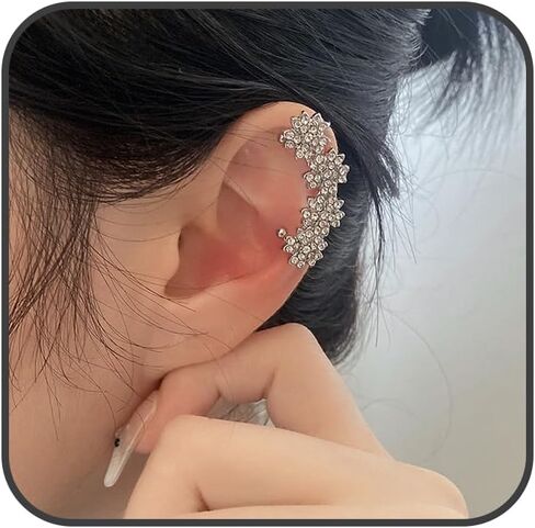 Elegant Floral Cluster Ear Cuffs Classic Rhinestone Flower Crawler Fake Earrings Sparkle Crystal Climbers Cuff Earrings Cartilage Ear Wrap Non Piercing Earrings for Wedding Bridal in Kuwait