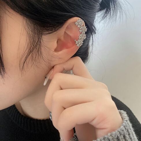 Elegant Floral Cluster Ear Cuffs Classic Rhinestone Flower Crawler Fake Earrings Sparkle Crystal Climbers Cuff Earrings Cartilage Ear Wrap Non Piercing Earrings for Wedding Bridal in Kuwait
