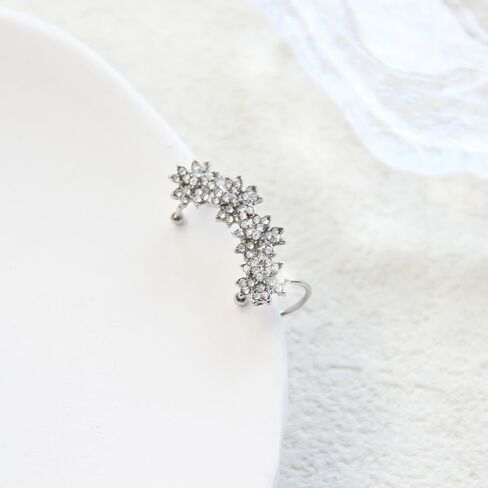 Elegant Floral Cluster Ear Cuffs Classic Rhinestone Flower Crawler Fake Earrings Sparkle Crystal Climbers Cuff Earrings Cartilage Ear Wrap Non Piercing Earrings for Wedding Bridal in Kuwait