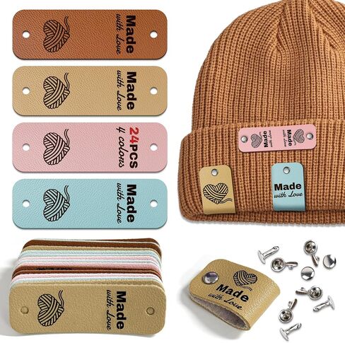 24pcs Crochet Tags for Handmade Items Made with Love Leather Tags for Crochet Items, Knitting Accessories with Rivets, Suitable for Scarves Hats Gloves, Gifts for Crocheters (Layout B) in Saudi Arabia