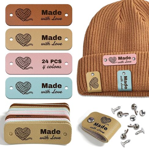 24pcs Crochet Tags for Handmade Items Made with Love Leather Tags for Crochet Items, Knitting Accessories with Rivets, Suitable for Scarves Hats Gloves, Gifts for Crocheters (Layout B) in Saudi Arabia