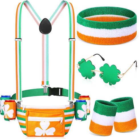 Chunful 5 Pcs St. Patrick's Day Accessory Set Shamrock Fanny Pack Clover Waist Bag with 4 Drink Holder Festive Adjustable Suspender Sweatband Set Headband Wristband for St. Patrick's Day Party Outfit in Saudi Arabia