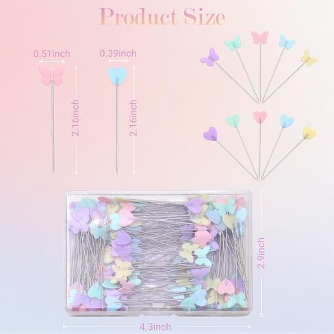200pcs دبابيس خياطة مستقيم مسطحة مع فراشة ملونة وحب قلب ، دبابيس خياطة اللحف 2.16 بوصة لصنع الحرف اليدوية ، وخياطة ، مشروع نسيج الخياطة والديكور DIY in Kuwait