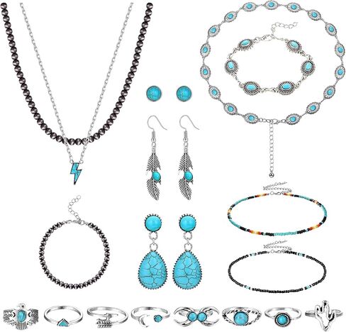 FUNRUN JEWELRY المجوهرات الغربية للنساء البوهيمي الغربي مطرز القلائد قلادة نافاجو اللؤلؤ قلادة الفيروز تتدلى الأقراط سلسلة حزام أساور الفيروز خواتم المفصل المرأة مجوهرات بوهو الغربية in Kuwait