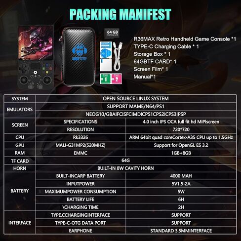 2025 NEW R36MAX GAME GAME CONSOLE MINI GAME CONSOLE 4.0 "IPS Video Game Console مدمجة 64 جيجابايت من بطاقة TF تم تثبيتها مسبقًا أكثر من 18000 لعبة رجع in Kuwait