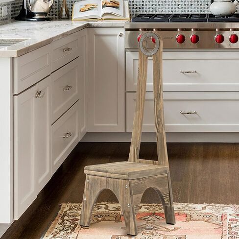 Besuerte Heavy Duty Wooden Step Stool With 32.75" Tall Handle for Bathroom, Kitchen - No Need to Bend Your Back (Walnut) in Kuwait