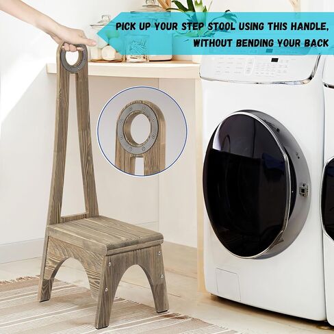 Besuerte Heavy Duty Wooden Step Stool With 32.75" Tall Handle for Bathroom, Kitchen - No Need to Bend Your Back (Walnut) in Kuwait