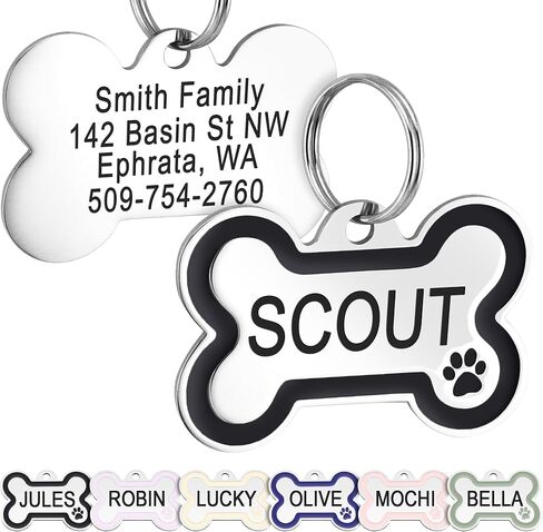 GoTags Stainless Steel Pet ID Bone Shaped Tags with Enamel Paw Design, Personalized Dog and Cat Tags, up to 5 Lines of Custom Text, Engraved on Both Sides (Charcoal, Regular) in Saudi Arabia