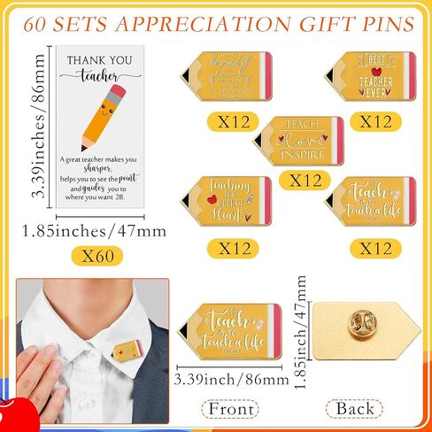 Unittype 60 Packs Appreciation Gift Bulk for Teacher Pin with Thank You Card Apple Lapel Pins Brooches Thank You Gifts for Valentines Back to School Graduation in Saudi Arabia