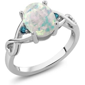Gem Stone King 925 Sterling Silver White Simulated Opal and Blue Diamond Ring For Women (0.66 Cttw, Oval Cabochon, Available in size 5, 6, 7, 8, 9)
