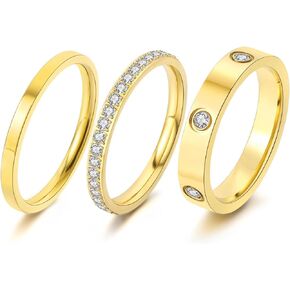 18K Gold Plated Love Friendship Stacking Ring for Women,Dainty Round Cut Cubic Zirconia Eternity Bands,Stainless Steel Plain Wedding Band 3pcs Stackable Ring Set for Women Girls