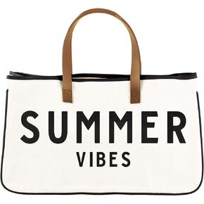 Santa Barbara Design Studio Tote Bag Hold Everything Collection Black and White 100% Cotton Canvas with Genuine Leather Handles, Large, Summer Vibes