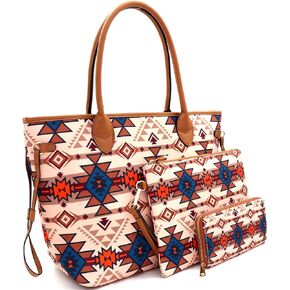 Boho Tassel Leaf Charm Aztec & Stripe Print Canvas Satchel Tote Handbag Purse