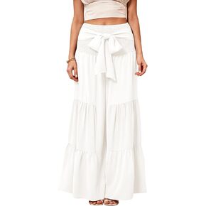 WDIRARA Women's Shirred Elastic Waist Tie Front Ruffle Hem Wide Leg Pants