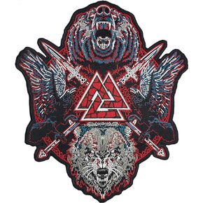 Norse Viking Odin Valknut Symbol, Spears, Ravens, Bear, Wolf Large Embroidered Motorcycle Jacket & Biker Vest Back Patch in Kuwait