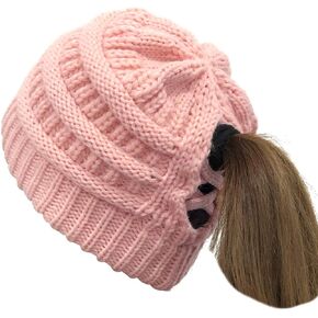 Taidor Soft Stretch Cable Knit Hat Ponytail Beanie Hat for Women Messy Bun Beanie Tail Slouchy Warm Hat
