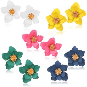 Summer Beach Flower Earrings for Women Girls Boho Matte Stud Earrings Layered Flower Petals Earrings with Gold Flower Bud Pink Blue White Yellow Green Pack of 5 Pairs
