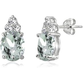 Sterling Silver Aquamarine and White Topaz Oval Crown Stud Earrings