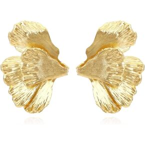 14K Gold Plated Flower Stud Earrings for Women Girls,Statement Ginkgo Leaf Earrings,Dainty Trendy Big Floral Earrings,Elegant Geometric Irregular Hawaiian Unique Plant Earrings Fashion Vintage Jewelry
