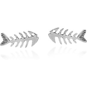 Everyday Funky Charming Fish Bone .925 Sterling Silver Stud Earrings