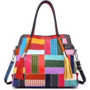 Women Genuine Leather Tote Multicolour Patchwork Hollow Shoulder Handbag Purses