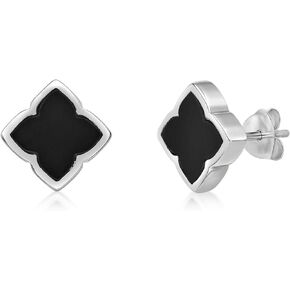 Black Onyx, Malachite or Mother of Pearl Four Leaf Clover Stud Earrings for Women in 925 Sterling Silver and Yellow Gold Plating Star Push Back Studs by Lavari Jewelers