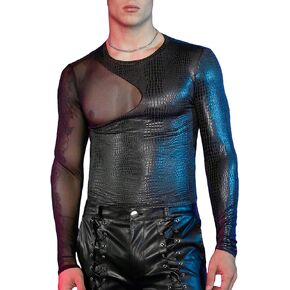 WDIRARA Men's PU Cut Out Club Tee See Through Mesh Long Sleeve T-Shirt Faux Leather Asymmetrical Tops