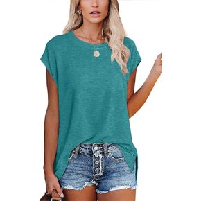 SAMPEEL Womens Summer Shirts Crew Neck Basic Cap Sleeve T Shirts Side Slit Tops