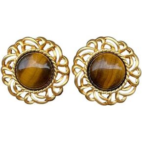 Natural Tigereye Stone Vintage Sterling Silver Stud Earrings Flowers Geometric Metal Pattern Silver with Gold Plated Stud Earrings for Mom, Girlfriend