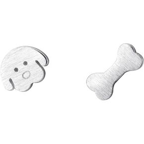 Tiny Cute Dog Bone Earrings 925 Sterling Silver Small Studs Earring for Women Girls Hypoallergenic for Sensitive Ear Dainty Asymmetrical Animal Pet Post Birthday Jewelry Gifts Daughter (Brushed)