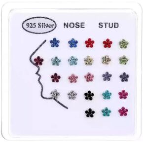 COLORFUL BLING 24Pcs 22G Blue Evil Eye Nose Studs 925 Sterling Silver Inlaid 3MM e Austrian Cubic Zirconia Nose Rings Stud Multicolor for Women Men Nose Body Piercing Jewelry with Box