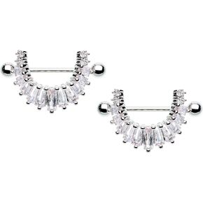 Pierced Owl 14GA Stainless Steel CZ Crystal Baguette Tiles Dangling Nipple Shields, Sold as a Pair
