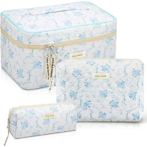 Zeyune 3 Pcs Cotton Quilted Makeup Bag Large Coquette Makeup Bag Travel Aesthetic Floral Makeup Bag Cute Kawaii Toiletry Cosmetic Pouch with Zipper for Women Gifts Home Bathroom (Blue Flower)