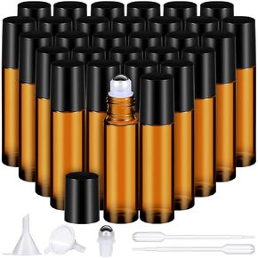 30 Pcs Essential Oil Roller Bottles, 10 ml Amber Cobalt Blue Glass Roller Bottle with Stainless Steel Roller Ball and Cap for Travel, Perfume, Lip Balm, 2 Funnels, 0.5 ml Dropper (Amber)