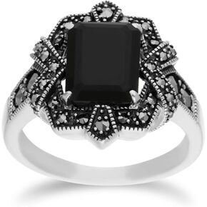 Gemondo Black Onyx Ring, Sterling Silver Black Onyx & Marcasite Octagon Art Nouveau Ring