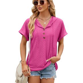 Women's Casual Summer Hoodies Short Sleeve Drawstring Hoodies Tops Button Front V Neck Pullover T-Shirts Tops