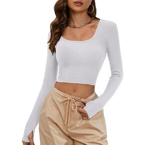 Sunloudy Long Sleeve Slim Fit Basic T-Shirts for Women Round Neck Shirt with Finger Hole Casual Autumn Tee Streetwear