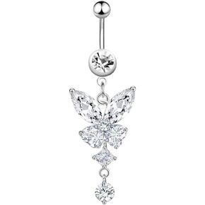 Butterfly Belly Button Ring Dangle For Women Titanium Stainless Steel Crystal Silver Rose Gold Colorful Cute Aesthetic Small Butterfly Belly Button Rings Dangling For Egirls