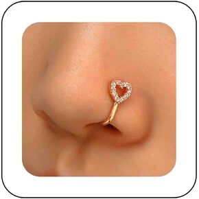 Iaceble Bohemia Crystal Heart Nose Cuff Ring Gold U Shape Clip On Nose Stud Cz Heart Love Bendable Nose Ring Vintage Hollow Heart Nose Cuff Body Jewelry for Women and Girls